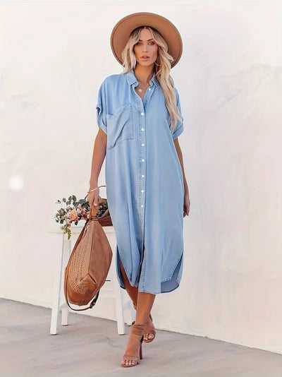 Denim Kleid mit Knöpfen und Tasche für Damen