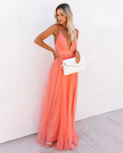 Damen Sommer Maxikleid in Pink mit tiefem V-Ausschnitt
