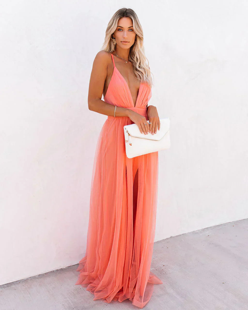 Damen Sommer Maxikleid in Pink mit tiefem V-Ausschnitt