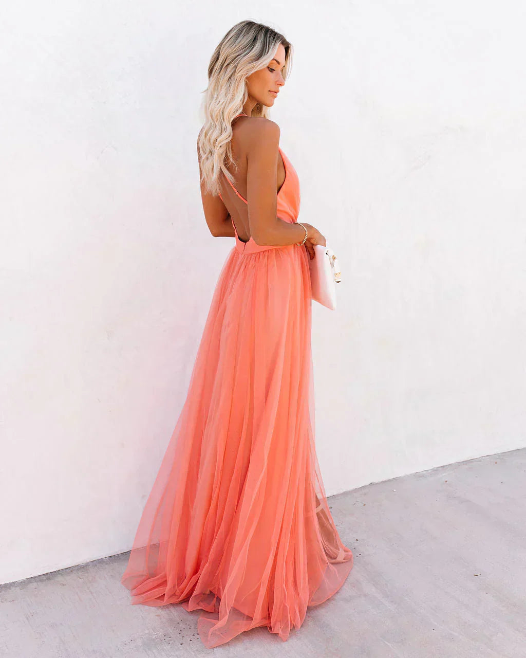 Damen Sommer Maxikleid in Pink mit tiefem V-Ausschnitt