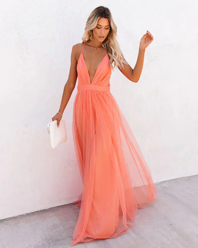 Damen Sommer Maxikleid in Pink mit tiefem V-Ausschnitt