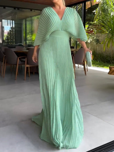 Damen V-Ausschnitt Maxikleid mit Faltendesign und weiten Ärmeln
