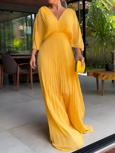 Damen V-Ausschnitt Maxikleid mit Faltendesign und weiten Ärmeln