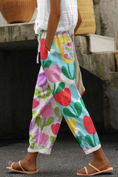 Damen Sommerhose mit grafischem Print und Taschen