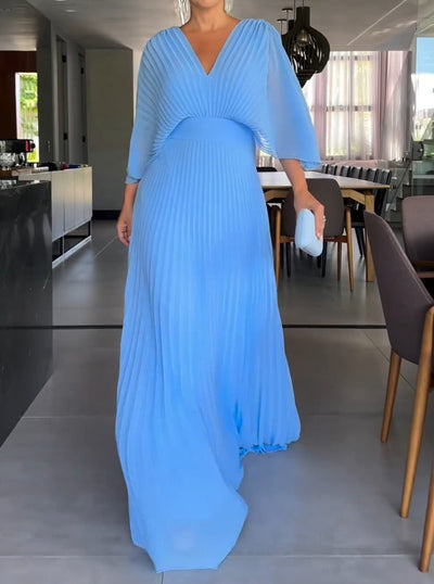 Damen V-Ausschnitt Maxikleid mit Faltendesign und weiten Ärmeln