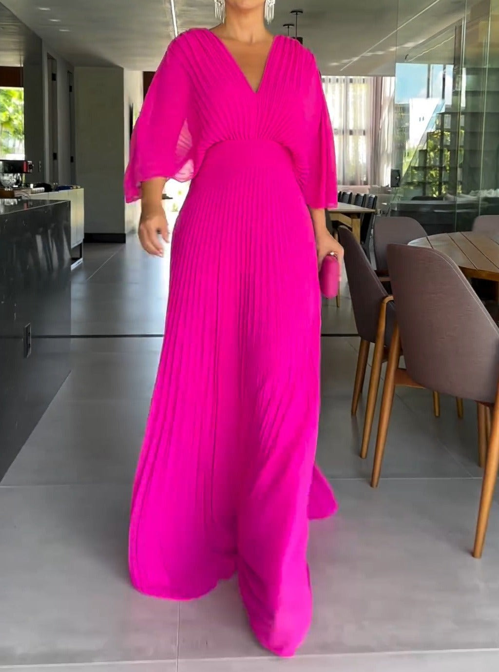 Damen V-Ausschnitt Maxikleid mit Faltendesign und weiten Ärmeln